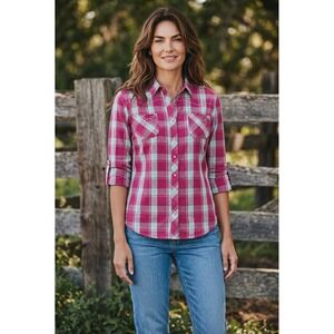 Bit & Bridle Pink Teal Plaid Western Embroidered Roll Tab Shirt XL